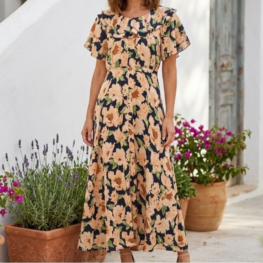 The Great Floral Printed Midi Dress Ruffle Asymmetrical Flowy Resort S 274189
